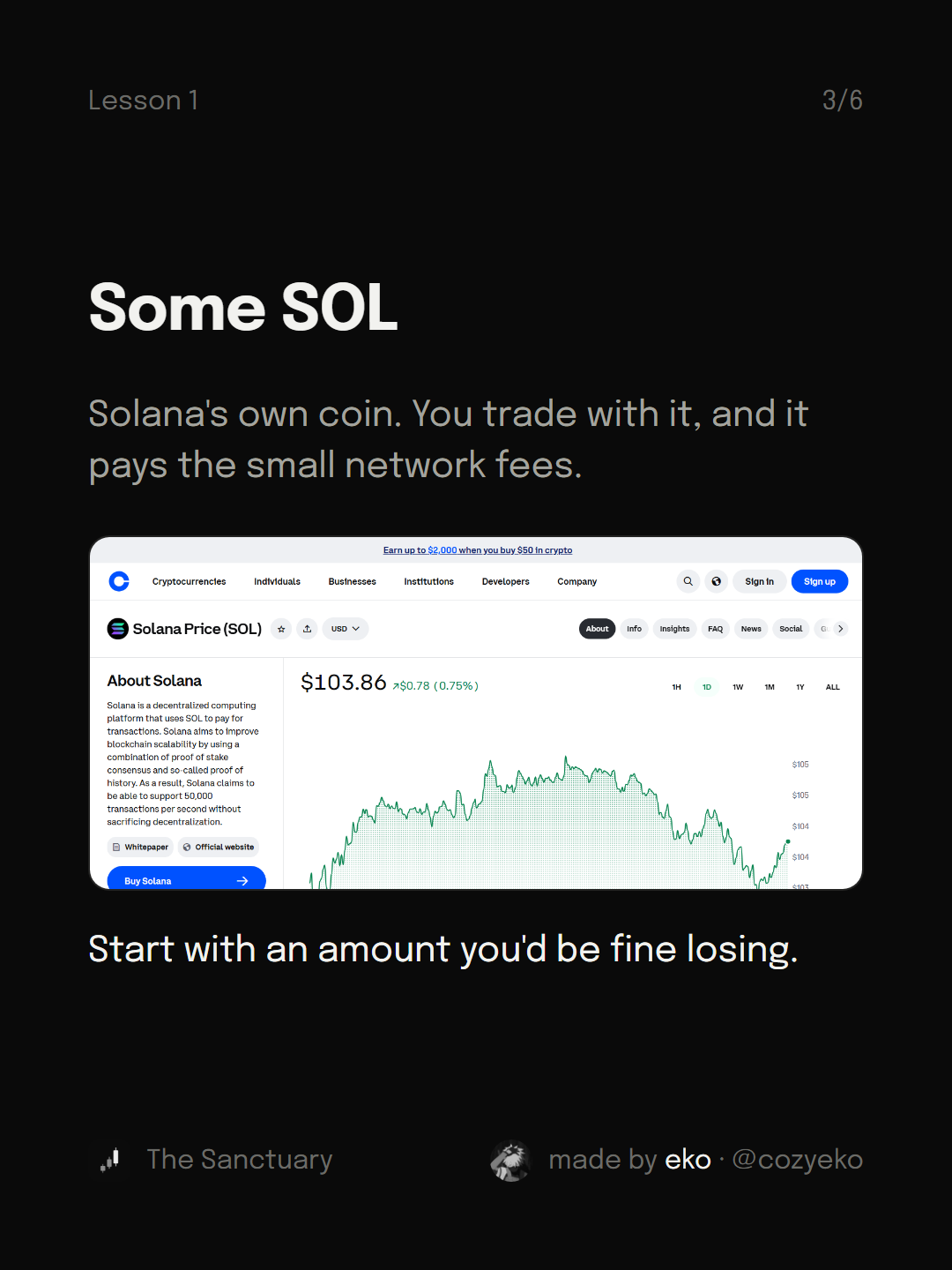 Slide 3 of 6: Some SOL Solana's own coin. You trade with it, and it pays the small network fees. Start with an amount you'd be fine losing.