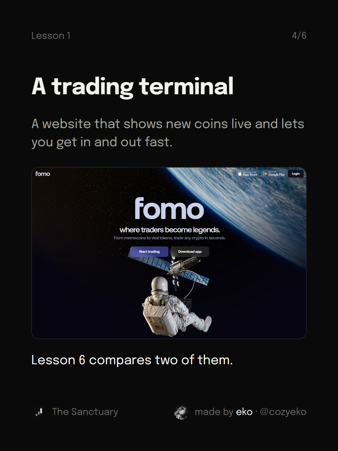 Slide 4 of 6: A trading terminal A website that shows new coins live and lets you get in and out fast. Lesson 6 compares two of them.