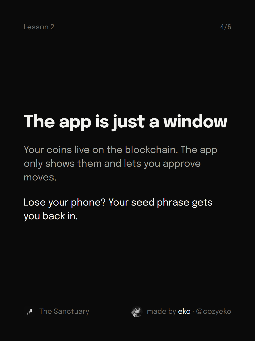 Slide 4 of 6: The app is just a window Your coins live on the blockchain. The app only shows them and lets you approve moves. Lose your phone? Your seed phrase gets you back in.