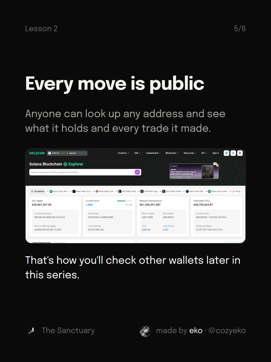 Slide 5 of 6: Every move is public Anyone can look up any address and see what it holds and every trade it made. That's how you'll check other wallets later in this series.