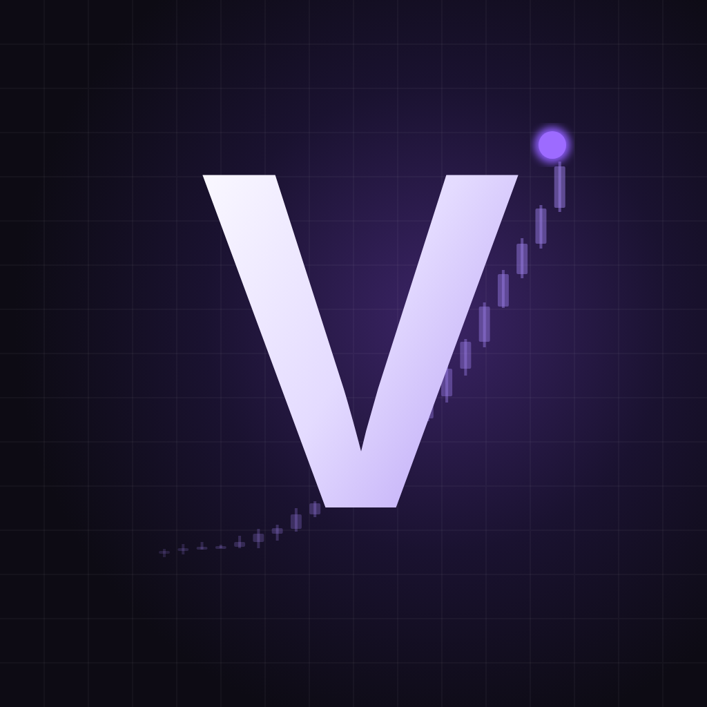 Vyra's logo: a white V beside a rising purple candle chart